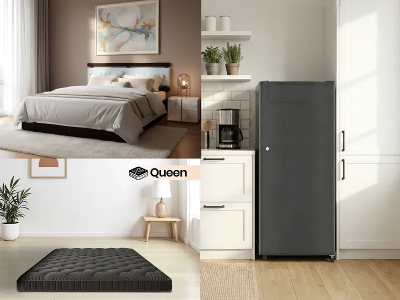 Crest Queen Size Double Bed With Premium Foam Mattress Queen Size (78 x 60 x 4 inches) With Single door fridge